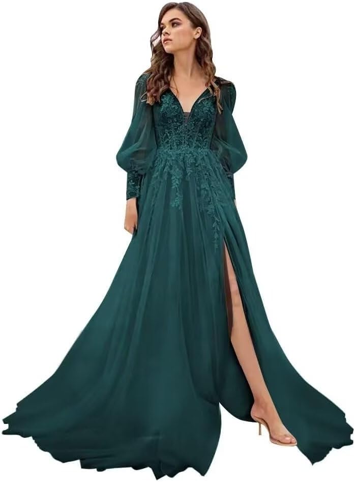 Long Sleeve Tulle Prom Evening Dresses Long Lace Applique A Line Ball Gown 2027
