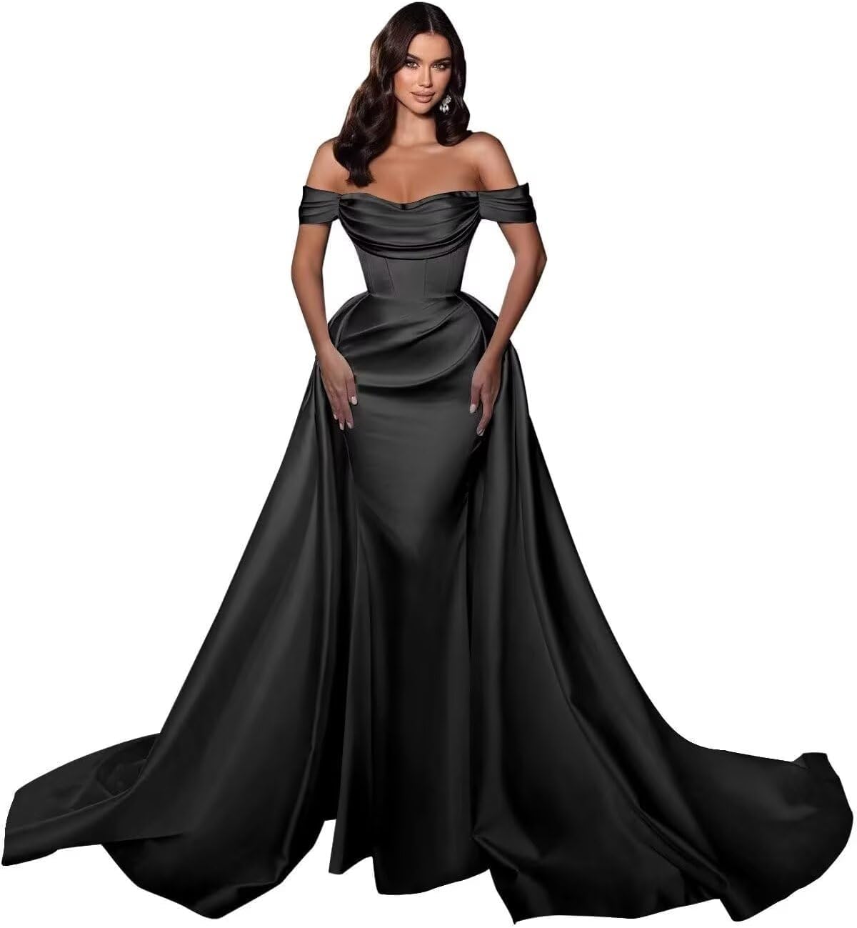 Mermaid Satin Prom Dresses for Women 2027 Long Off Shoulder Ruched Corset Formal Evening Dress Detachable Train