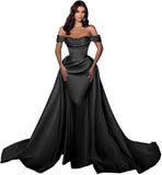 Mermaid Satin Prom Dresses for Women 2027 Long Off Shoulder Ruched Corset Formal Evening Dress Detachable Train