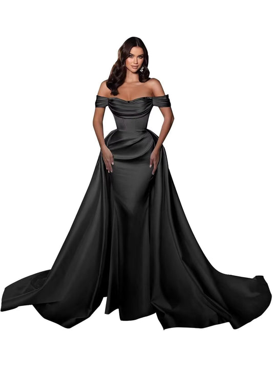 Mermaid Satin Prom Dresses for Women 2027 Long Off Shoulder Ruched Corset Formal Evening Dress Detachable Train