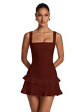 Spaghetti Straps Satin Homecoming Dresses for Teens 2026 Square Neck Tiered Ruffles Short Prom Dress