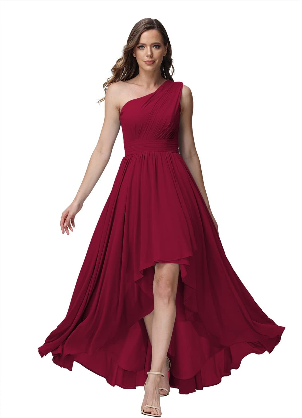 Vestido de dama de honor de un solo hombro para mujer, vestido formal de noche de gasa con bolsillos y corte alto bajo