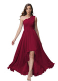 Vestido de dama de honor de un solo hombro para mujer, vestido formal de noche de gasa con bolsillos y corte alto bajo