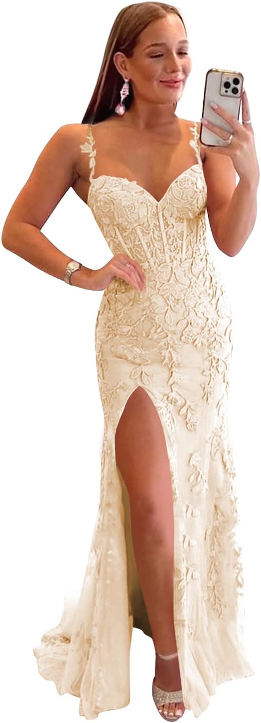 Women's Lace Mermaid Prom Dresses Long with Slit Mermaid Spaghetti Straps Backless Formal Evening Gowns
