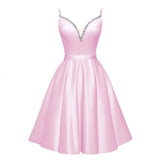 Spaghetti Straps Satin Homecoming Dresses for Teens V-Neck Short Prom Dress A-Line Beaded Cocktail Party Gowns