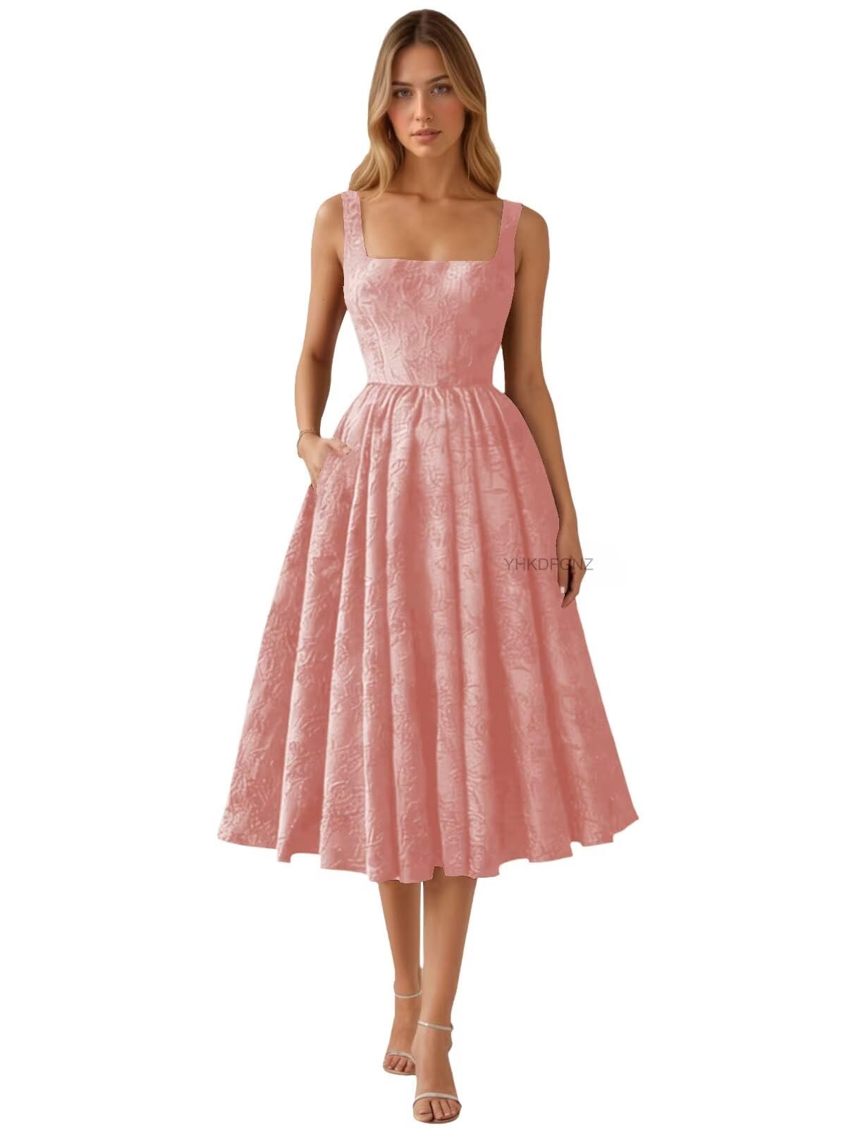 Floral Jacquard Satin Prom Dresses for Women Tea Length Formal Evening Party Dress with Pockets