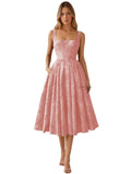 Floral Jacquard Satin Prom Dresses for Women Tea Length Formal Evening Party Dress with Pockets