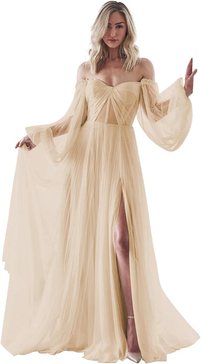 Women's Puffy Long Sleeve Prom Dresses with Slit Off Shoulder Tulle Wedding Formal Evening Gowns