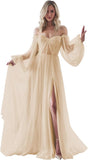 Women's Puffy Long Sleeve Prom Dresses with Slit Off Shoulder Tulle Wedding Formal Evening Gowns