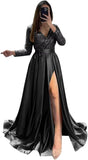 Long Sleeve Sequin Prom Dresses for Women 2027 Satin Formal Dress Sparkly Slit Evening Party Gown with Pocket