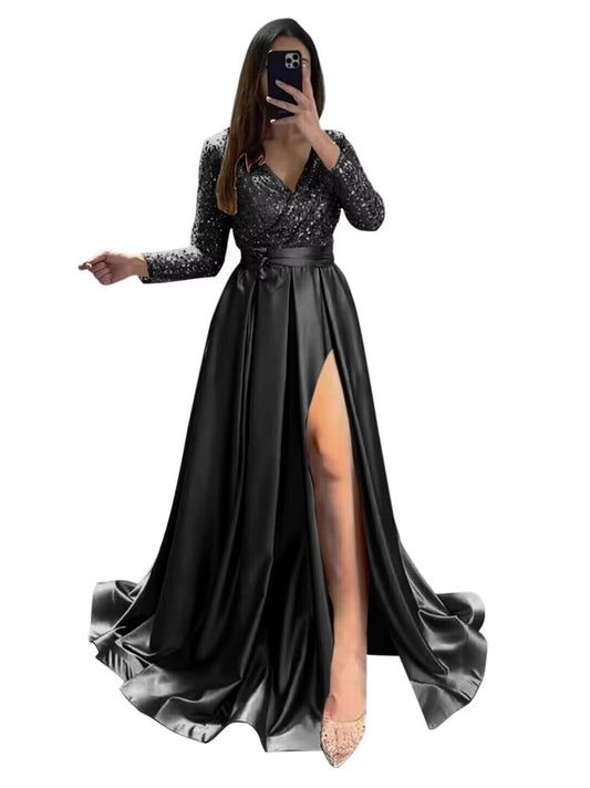 Long Sleeve Sequin Prom Dresses for Women 2027 Satin Formal Dress Sparkly Slit Evening Party Gown with Pocket
