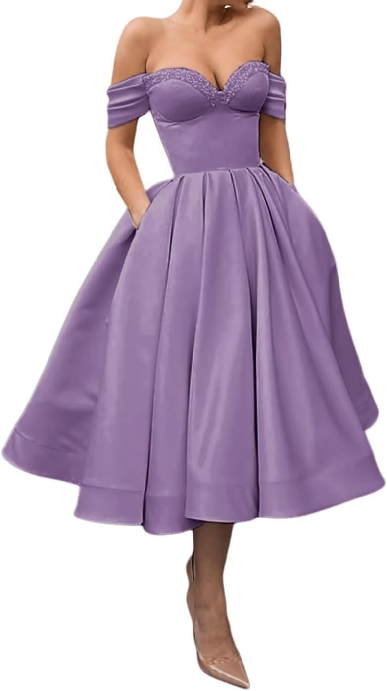 A Line Off Shoulder Prom Dresses for Women Satin Tea Length Cocktail Party Dresses with Pockets
