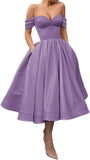 A Line Off Shoulder Prom Dresses for Women Satin Tea Length Cocktail Party Dresses with Pockets