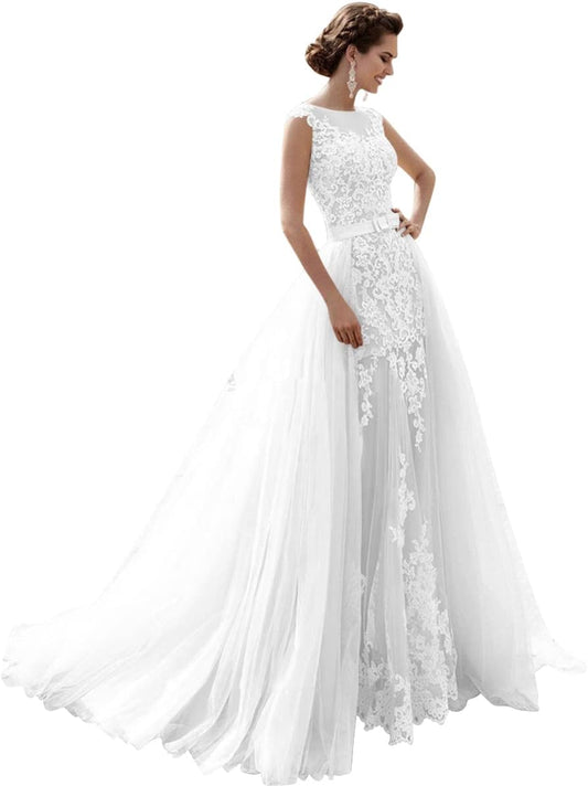 Vestido de novia de sirena con encaje y cola de tul desmontable para novia, vestido de noche para graduación