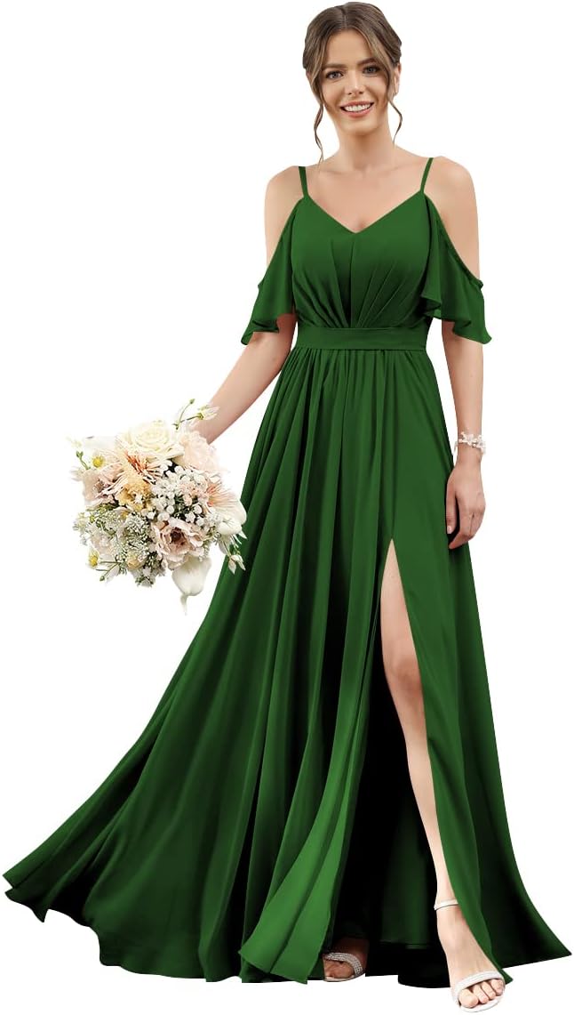 Women's Cold Shoulder Ruffle Sleeves Bridesmaid Dresses for Women 2025 Pleated Chiffon Formal Dresses with Slit