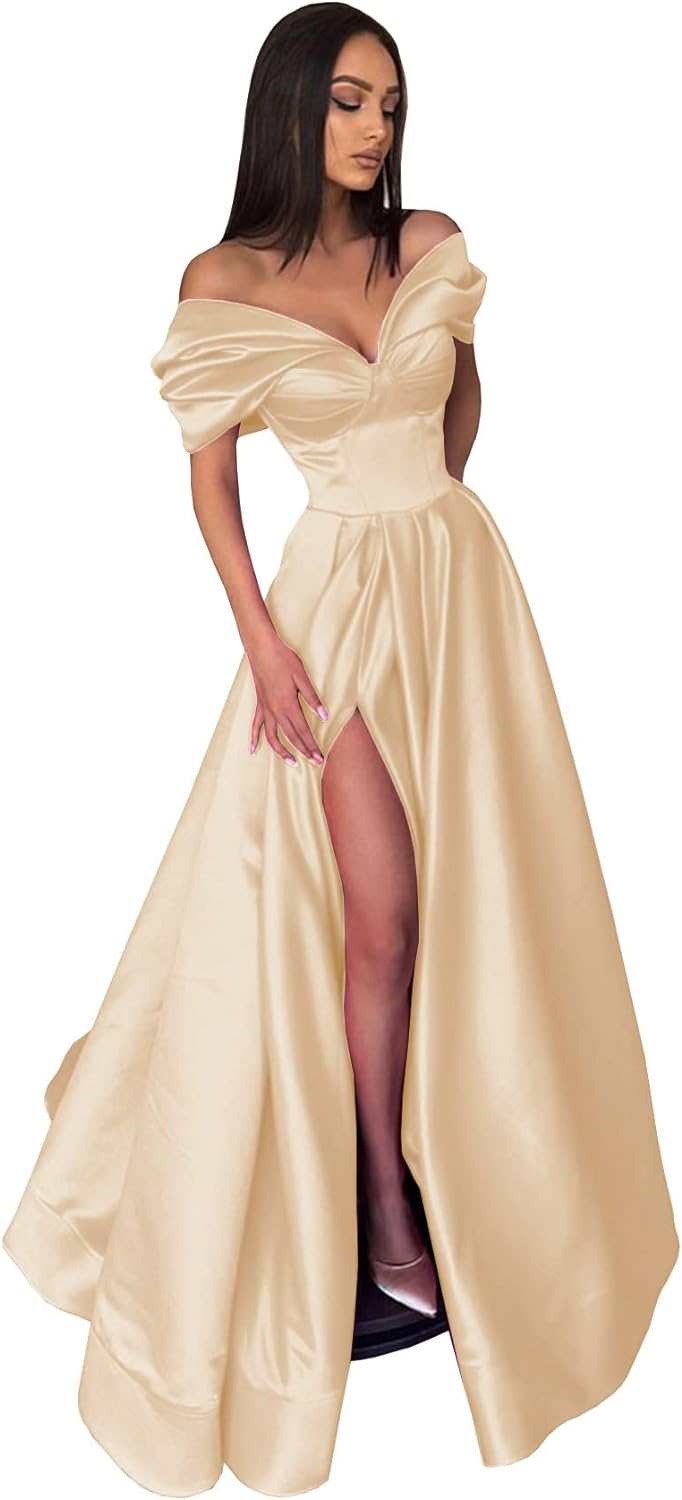 Women’s Off The Shoulder Prom Dresses with Slit Satin Ruched Long Formal Evening Gowns