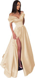 Women’s Off The Shoulder Prom Dresses with Slit Satin Ruched Long Formal Evening Gowns