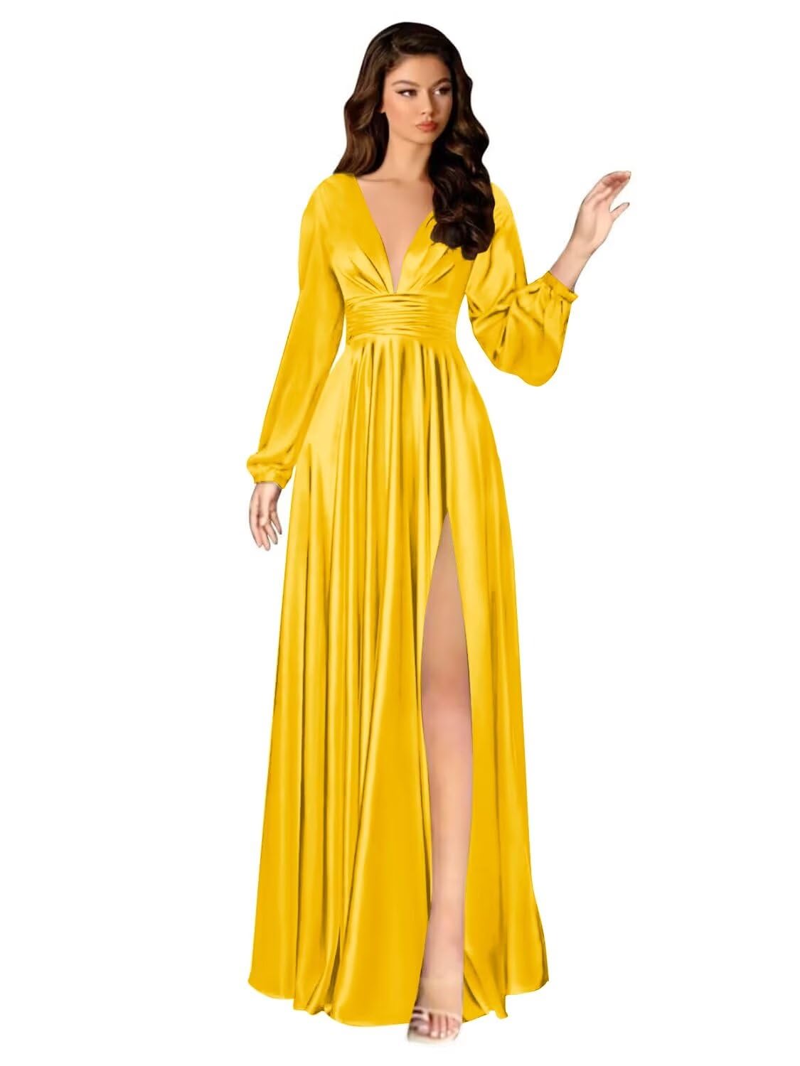 Kingbridal Gowns Long Sleeve Satin Bridesmaid Dresses for Women Long A-Line V-Neck Pleated Formal Evening Party Ball Gown with Slit