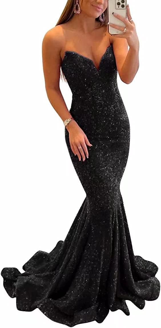 Women's Strapless Sequin Prom Dresses with Train Criss-Cross Mermaid Long Formal Evening Gowns
