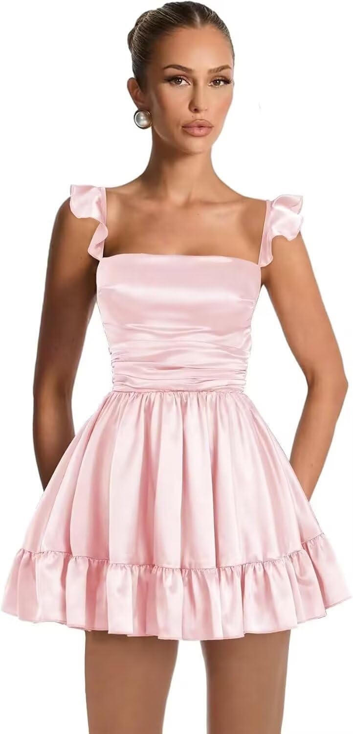 Satin Homecoming Dresses for Teens 2027 A-line Ruched Square Neck Short Prom Formal Cocktail Gowns with Pockets