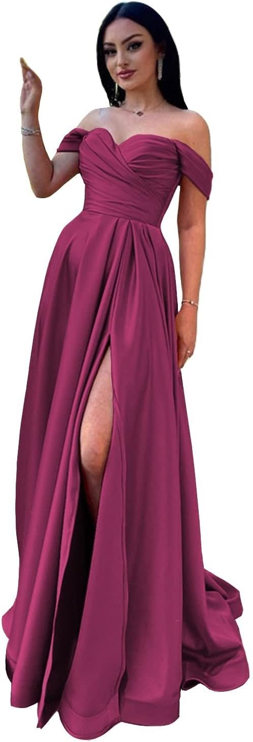 Schulterfreies Satin-Ballkleid, herzförmiger Ausschnitt, formelles Kleid, A-Linie, Abendkleid mit Schlitz 