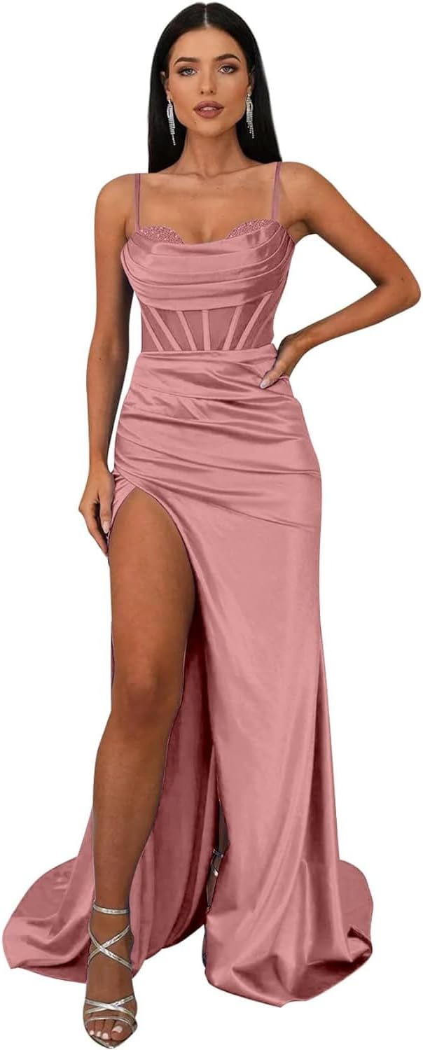 Ballkleider mit Wasserfallausschnitt, langen Spaghettiträgern, Illusion-Meerjungfrauen-Korsett, formelles Abendkleid mit Schlitz 
