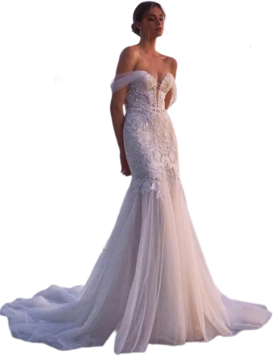 Damen Meerjungfrau Brautkleid mit Spitzenapplikationen und langen Ärmeln, V-Ausschnitt