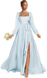 Satin Bridesmaid Dresses with Slit Long Sleeve Square Neck A Line Maxi Formal Dress