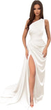 Vestidos de dama de honor largos con un hombro al descubierto y pliegues de satén estilo sirena para fiesta de boda formal 