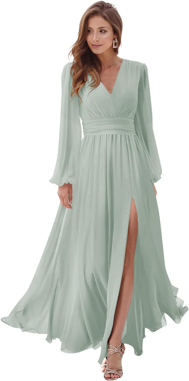 Women's Long Sleeve Bridesmaid Dresses with Slit V Neck A Line Chiffon Formal Evening Gowns with Pockets Mother of the Bride Gowns