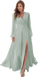 Women's Long Sleeve Bridesmaid Dresses with Slit V Neck A Line Chiffon Formal Evening Gowns with Pockets Mother of the Bride Gowns