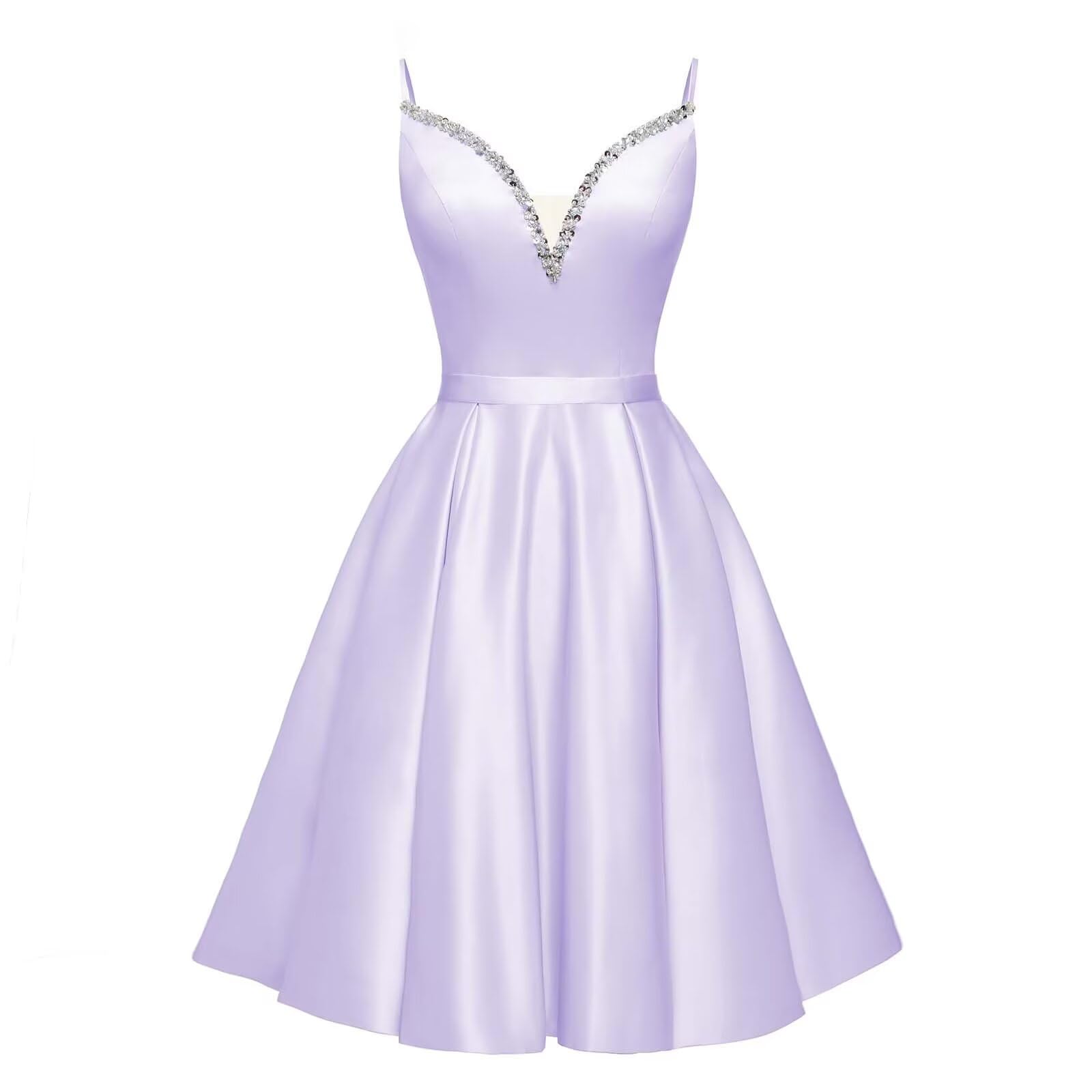 Spaghetti Straps Satin Homecoming Dresses for Teens V-Neck Short Prom Dress A-Line Beaded Cocktail Party Gowns