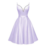 Spaghetti Straps Satin Homecoming Dresses for Teens V-Neck Short Prom Dress A-Line Beaded Cocktail Party Gowns