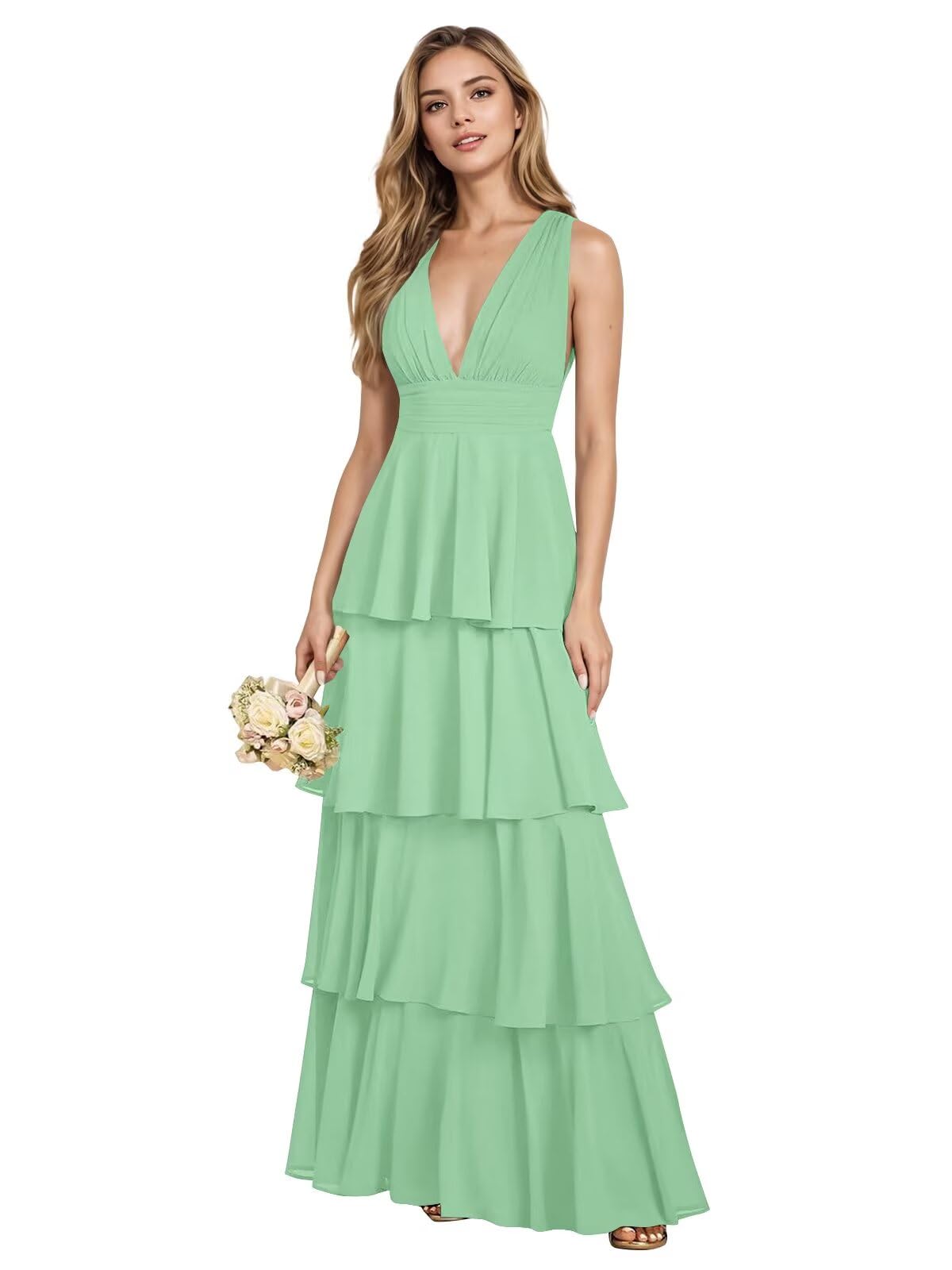 V Neck Chiffon Bridesmaid Dresses for Women 2027 Long Tiered A-Line Ruffles Formal Evening Party Dress