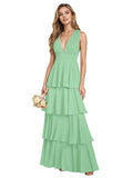 V Neck Chiffon Bridesmaid Dresses for Women 2027 Long Tiered A-Line Ruffles Formal Evening Party Dress