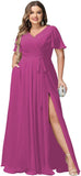 Plus Size Bridesmaid Dresses with Pockets V Neck Chiffon Flutter Sleeves Formal Evening Gowns with Slit