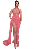 Sparkly Sequin Halter Prom Dresses for Women Mermaid Formal Dress with Slit Backless Ruched Evening Party Gowns