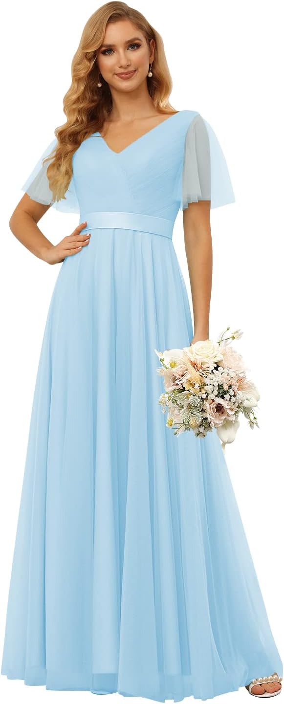 Damen Brautjungfernkleider mit Flatterärmeln, Tüll, lang, V-Ausschnitt, Empire-Taille, formelles Kleid 