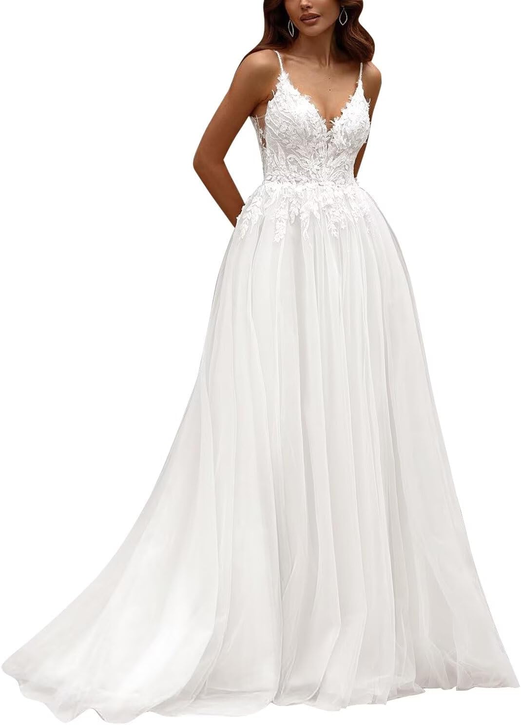 Kingbridal Gowns Lace Appliques Wedding Dresses for Bride Long V Neck Tulle Chiffon A-line Sleeveless Bridal Ball Gown for Women