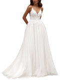 Kingbridal Gowns Lace Appliques Wedding Dresses for Bride Long V Neck Tulle Chiffon A-line Sleeveless Bridal Ball Gown for Women