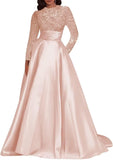 Kingbridal Gowns Long Sleeve Sequin Prom Dresses for Women Satin A-line Formal Dress 2026 Sparkly Evening Party Gowns with Pockets