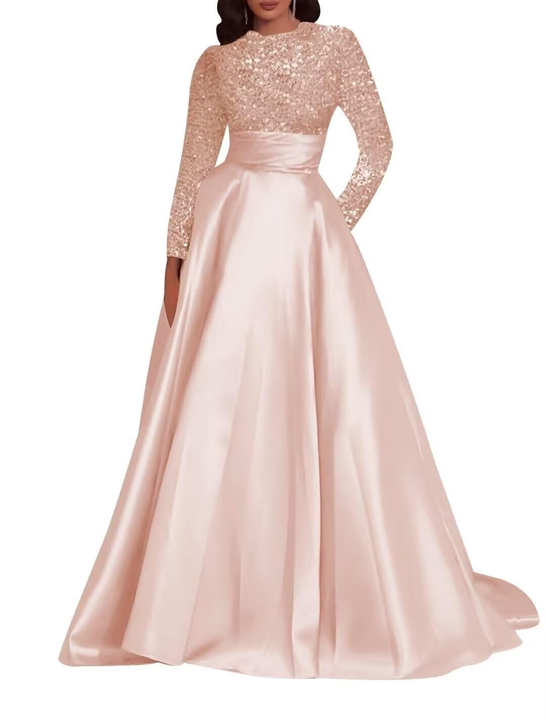 Kingbridal Gowns Long Sleeve Sequin Prom Dresses for Women Satin A-line Formal Dress 2026 Sparkly Evening Party Gowns with Pockets