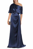 Satin Mother of The Bride Dresses for Wedding One Shoulder Formal Dress with Sleeves Mermaid Evening Party Gowns