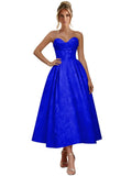 Jacquard Satin Prom Dresses for Women Strapless Tea Length Sweetheart Neck A-line Formal Party Dress with Pockets