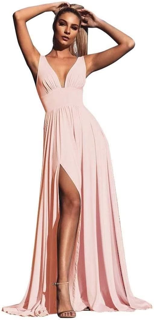 V-Ausschnitt Satin Brautjungfernkleider für Hochzeiten Geteilte Ballkleider Lange A-Linie Abendkleider für Damen 