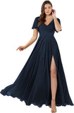 Damen Brautjungfernkleider mit Flatterärmeln, lang, mit Schlitz, V-Ausschnitt, Chiffon, formelle Kleider 