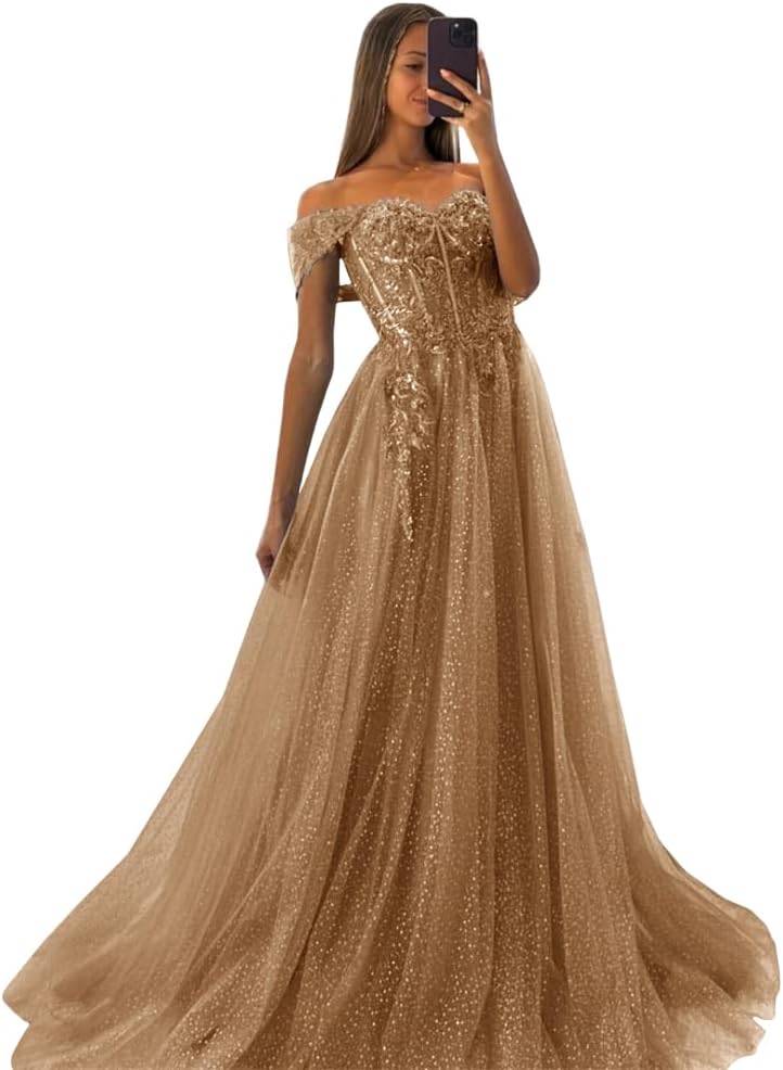 Off The Shoulder Tulle Prom Dresses 2027 Lace Applique A Line Long Sparkly Formal Evening Party Gowns