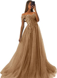 Off The Shoulder Tulle Prom Dresses 2027 Lace Applique A Line Long Sparkly Formal Evening Party Gowns