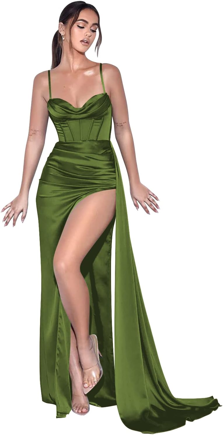 Spaghetti Straps Mermaid Prom Dresses Long Ball Gown 2025 Corset Sexy Slit Pleat Formal Evening Gowns