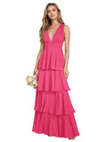 V Neck Chiffon Bridesmaid Dresses for Women 2027 Long Tiered A-Line Ruffles Formal Evening Party Dress